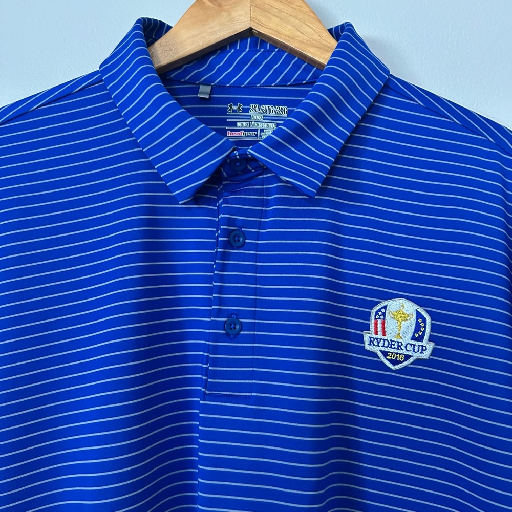 Under Armour Polo Shirt Mens 2XL Blue Ryder Cup 2018 Striped HeatGear Golf Loose